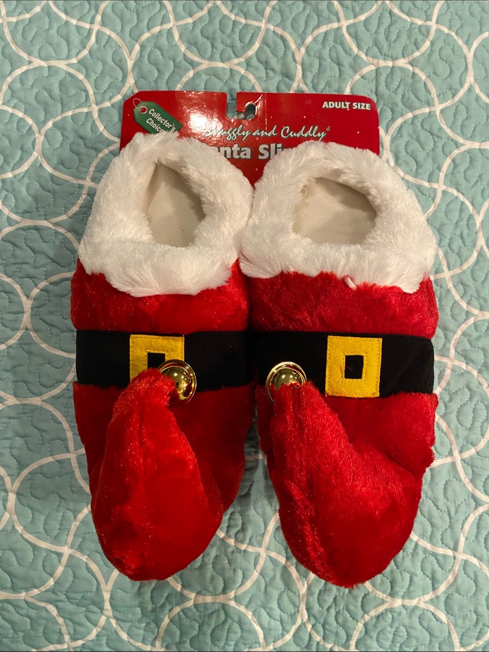 Santa Belt Plush Slippers - Red & White Holiday Slip-Ons 7-8